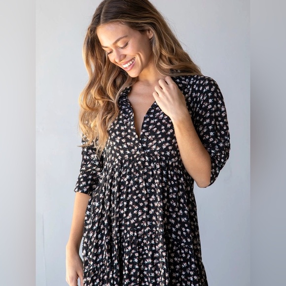 Natural Life Rebecca Boho black Floral Tiered shirt Midi maxi Dress L​ - Picture 3 of 14